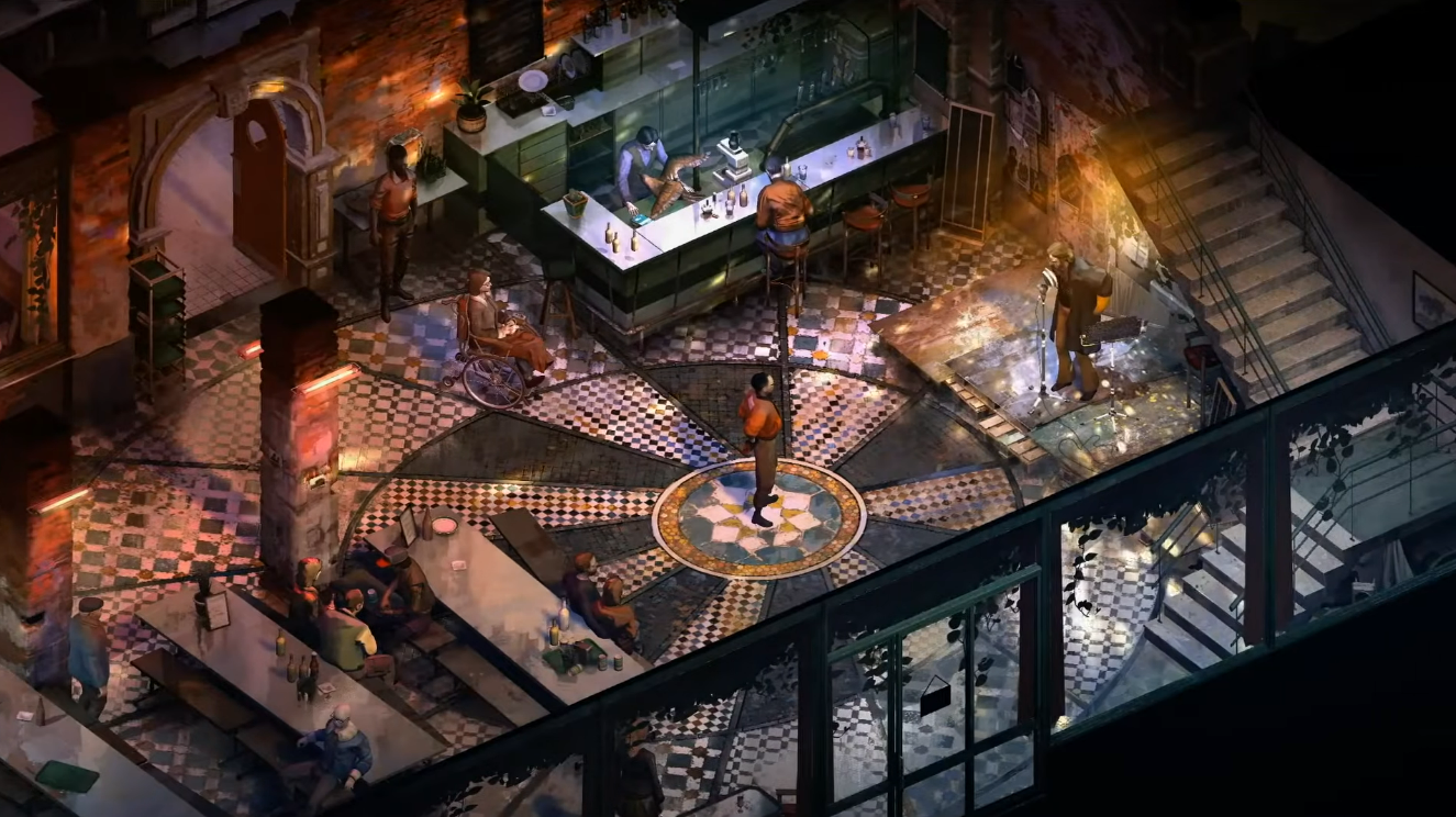 Harry du Bois stands on the stage at the Whirling in Rags in front of a microphone singing karaoke. The rest of the game's cast that are present watch him sing.